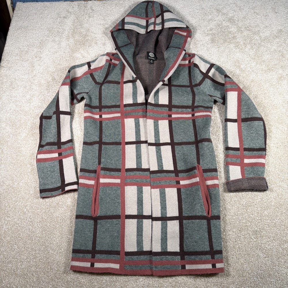 Bobeau Hooded Cardigan Coat Womens XS Windowpane Super Soft Cozy Boho Festival